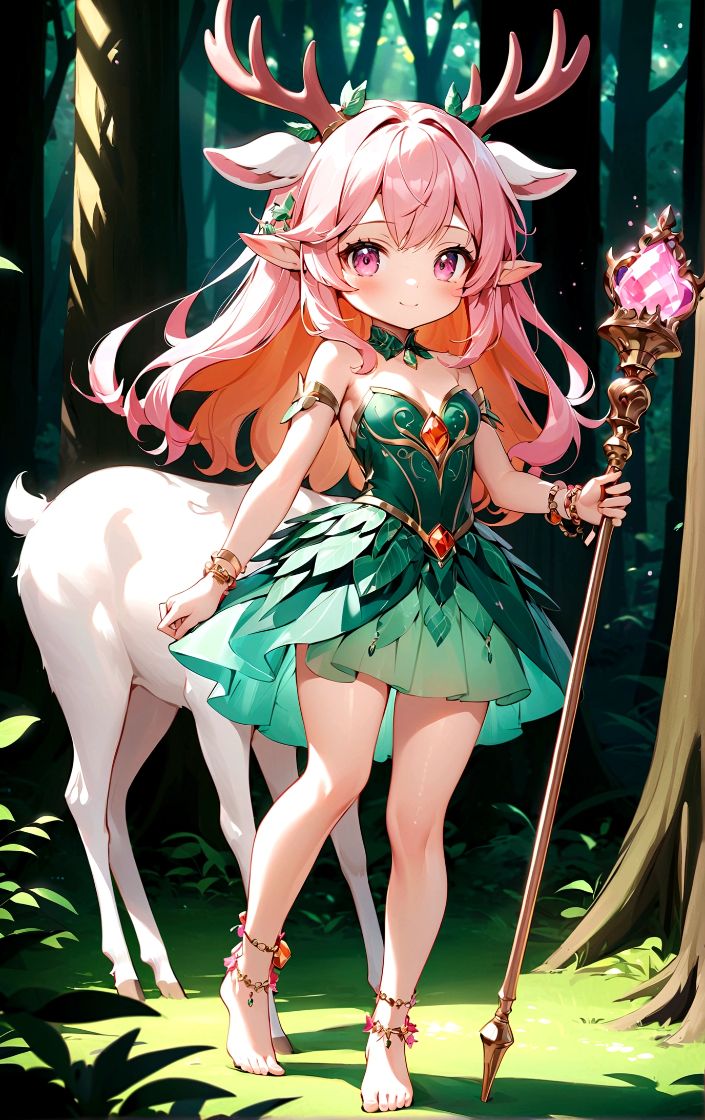 game character,Cartoon anime style,beautiful girl,Cute expression,Fluffy pink hair,Pink Eyes,Cute pink deer antlers,Elf ears,Orange tulle short skirt,Metal gem-encrusted scepter glows,Slender legs,Standing barefoot,Bells on anklets。(((Correct human anatomy))),In the magic forest,A cute white deer