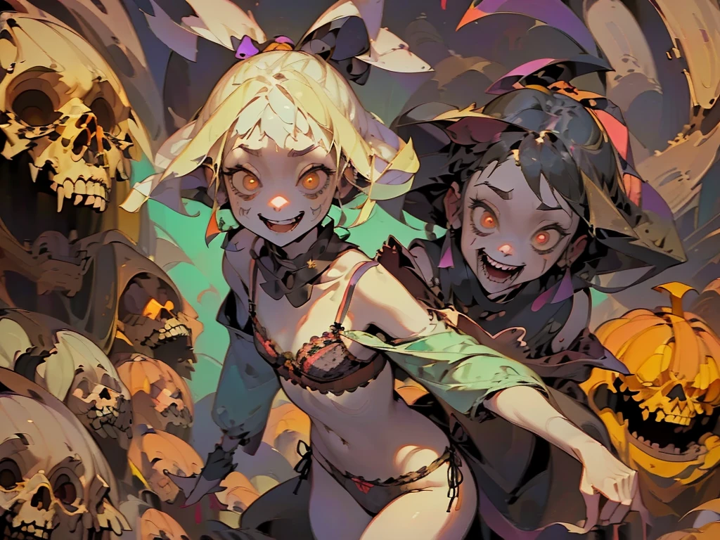 Gruesome and spooky details、An atmosphere full of suspense and tension、Psychological horror、Cute Smile、Clowns and circus atmosphere、A terrifying moment、Psychedelic dream scenario、Alice in Wonderland、Enthusiastic atmosphere、Mischievous Smile、Expressive gestures、Comical movement、Blonde、Light purple outfit,sexy,Small bra and panties