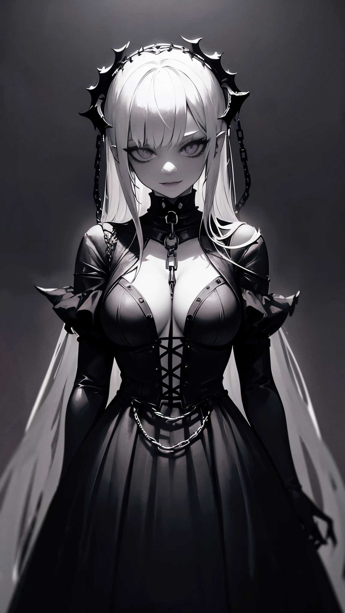 a girl monster, slave, chained, beautifu, Full-length, lots of details, delicate facial features, piercing eyes, sharp fangs, pale skin, thick chains, dark background, cinematic lighting, dramatic shadows, gothic style, moody atmosphere, dark fantasy, high contrast, muted colors, Almost naked, a lot of chains