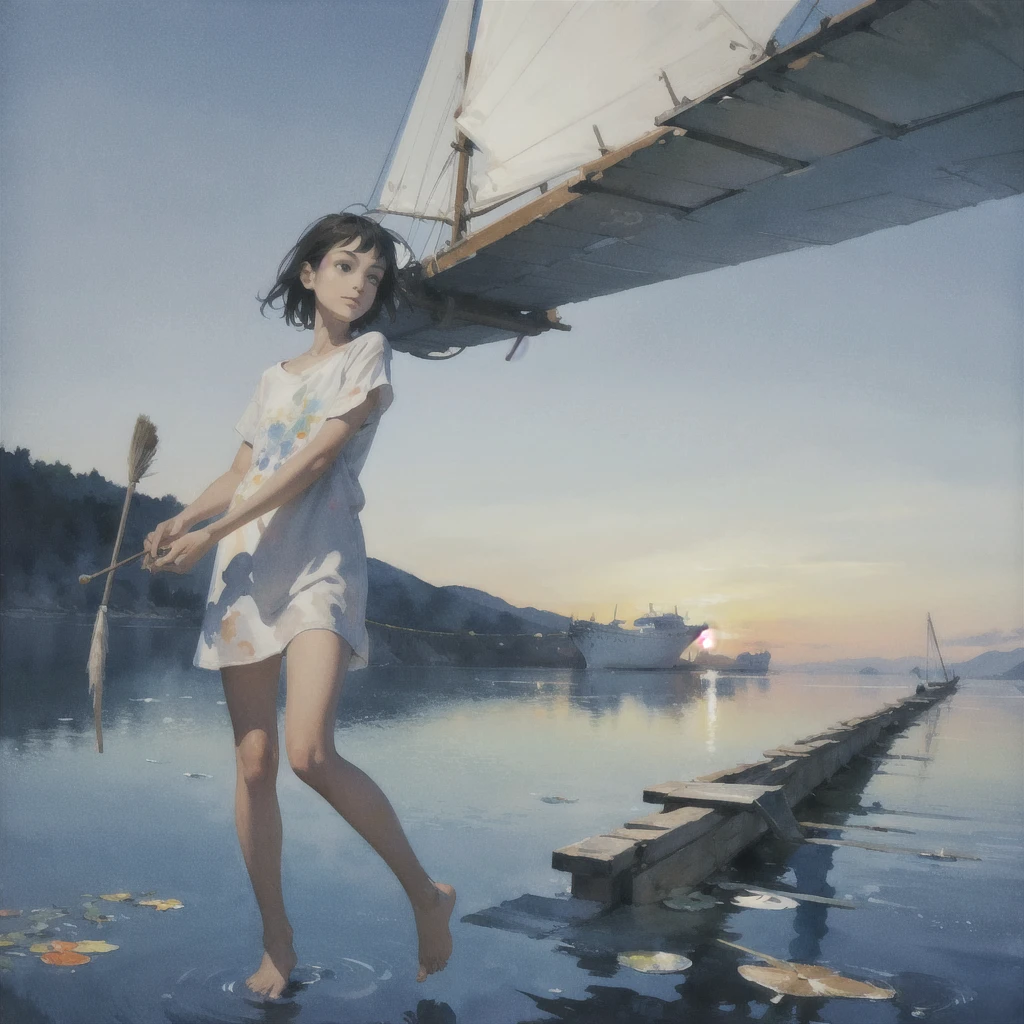 Tranquil voyager girl, Surrealism, Paint in watercolor style, Photorealism, barefoot