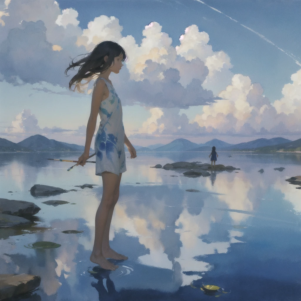 Tranquil voyager girl, Surrealism, Paint in watercolor style, Photorealism, barefoot