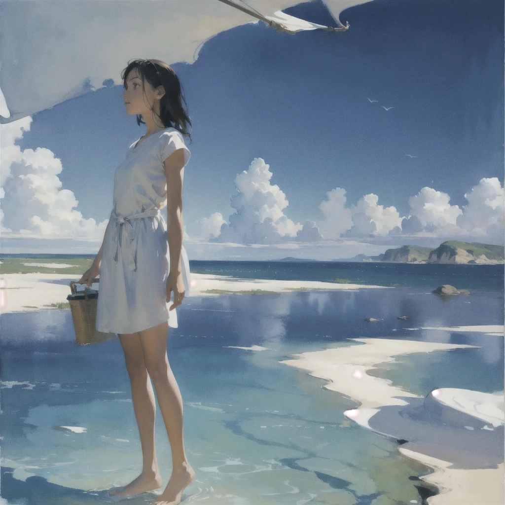 Tranquil voyager girl, Surrealism, Paint in watercolor style, Photorealism, barefoot