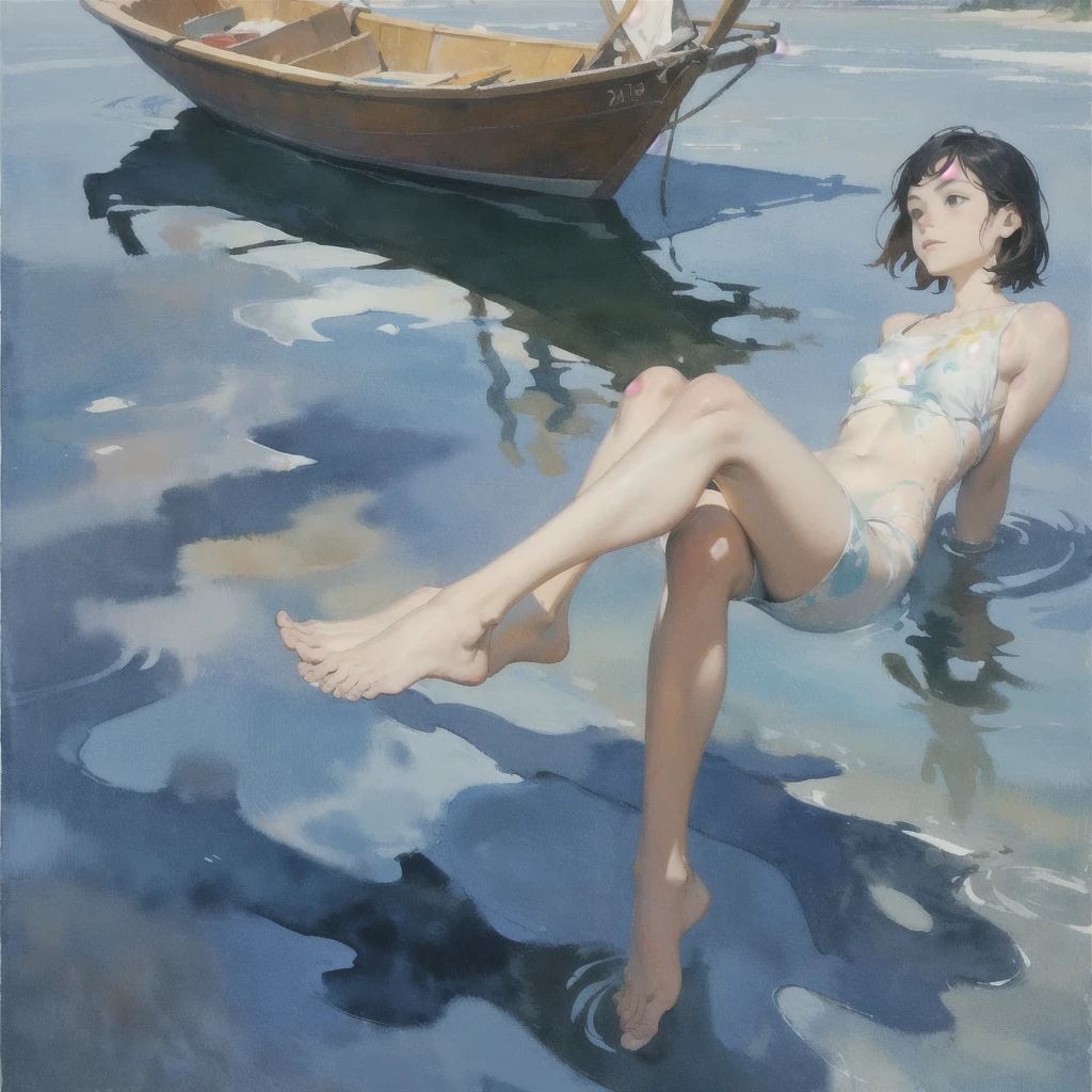 Tranquil voyager girl, Surrealism, Paint in watercolor style, Photorealism, barefoot