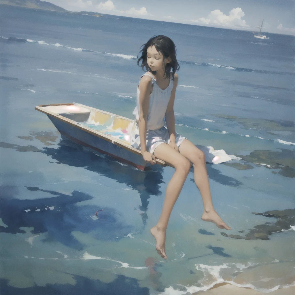 Tranquil voyager girl, Surrealism, Paint in watercolor style, Photorealism, barefoot