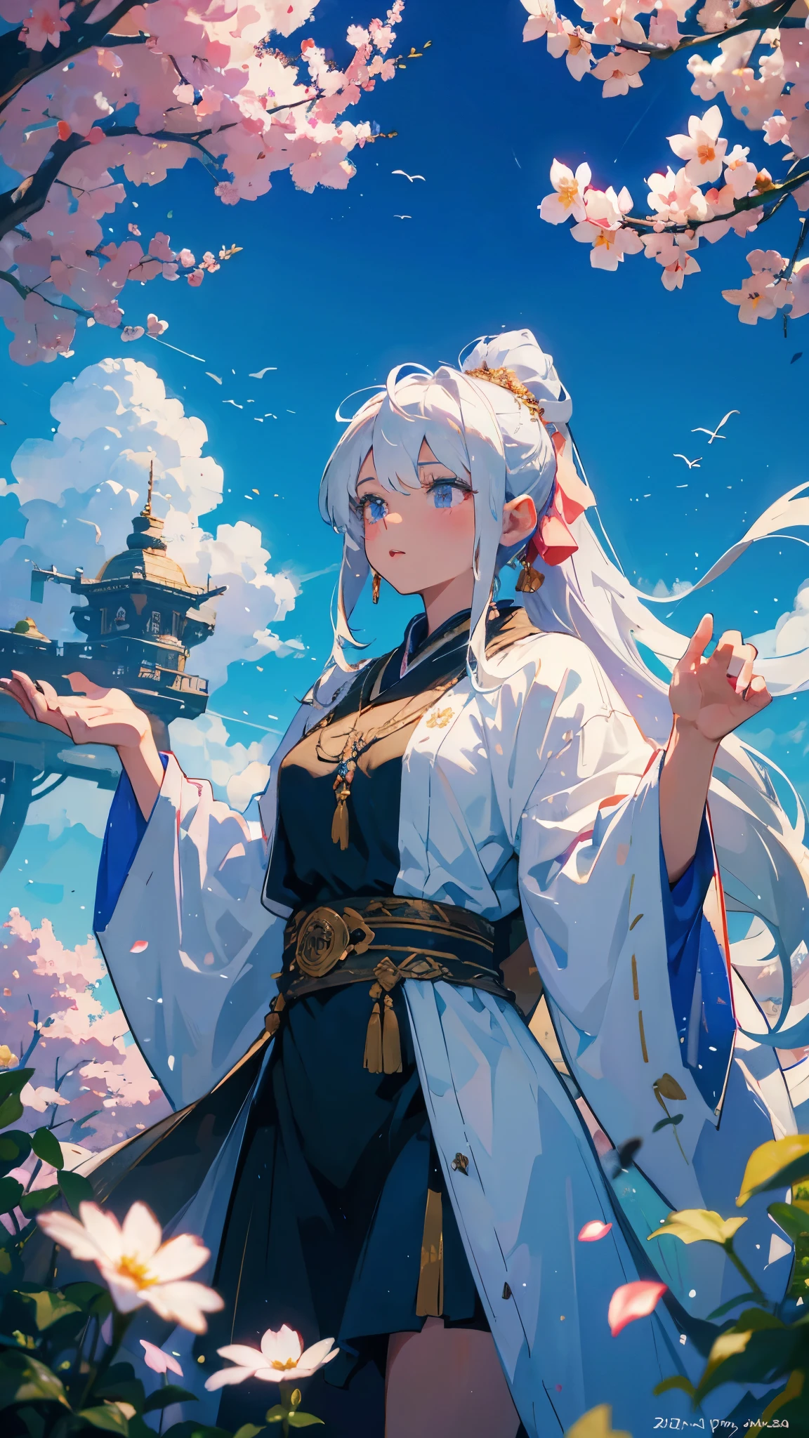 Highest quality、8K、masterpiece、A hill covered in flowers、Beautiful elven girl dancing(Wizard Robe、Tattoo:5、White Hair、Long ponytail)、There are three friends around