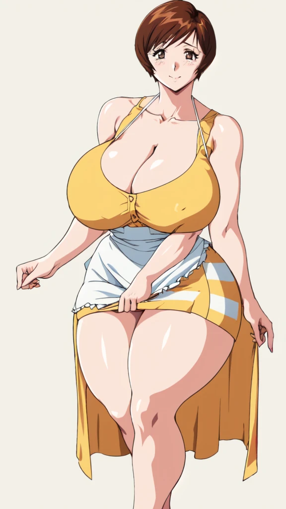 masterpiece, highest quality, High resolution, One girl, alone, sexual intercourse, Pornographic images, short hair, etsukoto, Brown eyes, fine grain, fine grain, (((Thick thighs, Plump thighs, Voluptuous thighs, Thighs alone are enough))), Huge and ample breasts, Cleavage, Huge long breasts, Naughty big,((Big breasts are important))、((Naughty thighs)), L Cup, (thin:1.4),(Tight waist:1.4),  (Yellow Dress:1.4), ((white waist apron)), White panties, A kind smile, blush, (((Simple Background))), ((Wide Hips)), Shiny, Oily skin, Mature mother, Calf, Seductive mature woman, Perfect body, Plus Size Model, curvy, ample, etsukoto, blush, clavicle, retro artstyle, 1990s (style), (thick thighs:1.6), (((bursting thigh))), full body, feet,