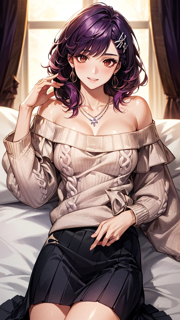 (masterpiece:1.3, Highest quality, Ultra-high resolution:1.2, Super detailed、8K), (Realistic, photoRealistic:1.4), Beautiful illustrations, Perfect lighting, colorful, Depth of written boundary, Beautiful detailed hair, Beautifully detailed face, Beautiful fine details, Droopy eyes、Beautiful clavicle, Beautiful body, 美しいLarge Breasts, Beautiful thighs, Beautiful feet, Beautiful fingers, View Viewer、Front view:0.6, Beauty1人, Japanese, Beauty、30 years old, Perfect Face, (Perfect Anatomy, Anatomically correct), Cute and symmetrical face, Baby Face, , Shiny skin,(Orange off-shoulder knit sweater:1.4), (Long skirt:1.4) 、(deep purple hair, Ribbon hair ornament、Medium Straight Hair:1.4), braided bangs、Dark brown eyes, (Large Breasts, Slim body), necklace, Small earrings:1.1, (Beautiful views), (night),( A luxury hotel room),((Lying in bed)), A soft smile、(Smile, Lips parted),