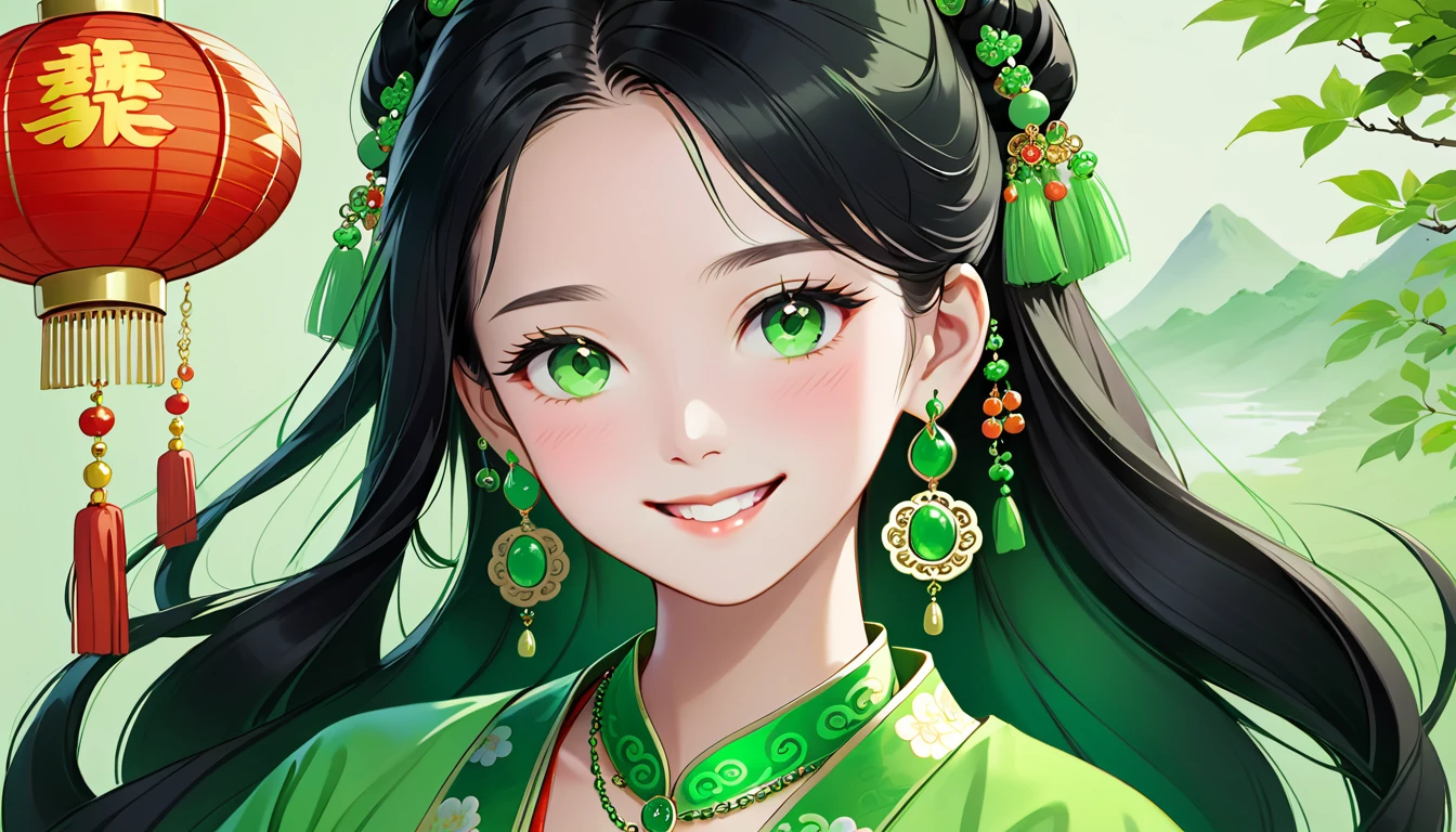 A young Chinese woman named Eva,Oval face,Fair complexion,green eyes,Long wavy black hair,earring: green earrings,Wearing green traditional Chinese clothing,decorate:green necklace.green bracelet。smile very happily。