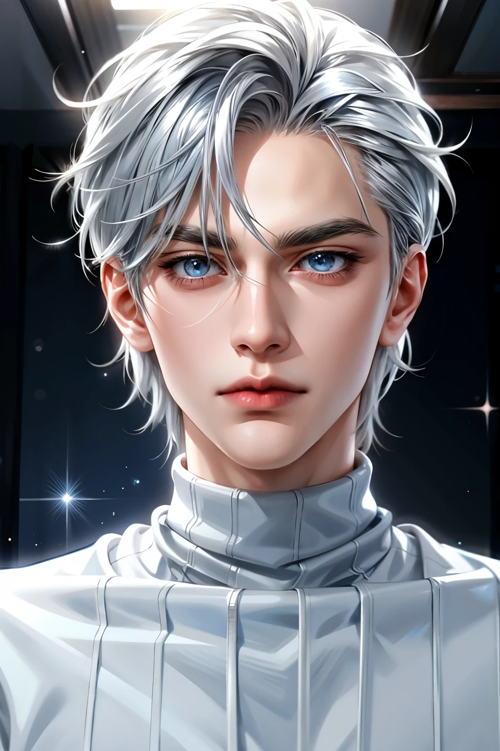 Boy, silver hair, blue eyes, serious sharp features, white skin, shiny lips, handsome, perfect, sweater