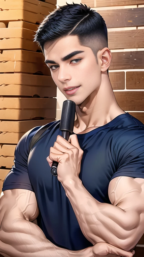 (handsome Man),(crew cut short hair:1.8),black eye,(Wear a fitted round neck t-shirt in navy with a police badge.:1.5),(fit neck),Navy blue jeans,(black_gloves:1.2), Korean guy,chest muscles,large arm muscles,blood vessel,Big muscles,Broad shoulders, (open mouth:1.2),(face up:1.2),(open eyes:1.5), middle of the road,smile,(backpack:1.3), In front of the bread shop