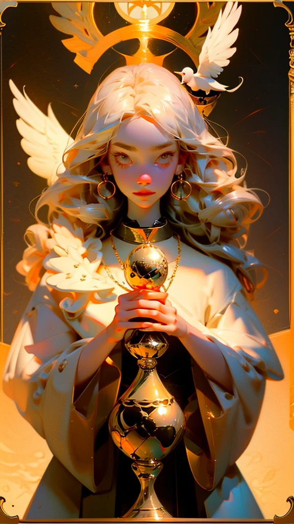 Anime style tarot card, 1 of Cups, young woman, beautiful face, holding the golden holy grail, white dove.