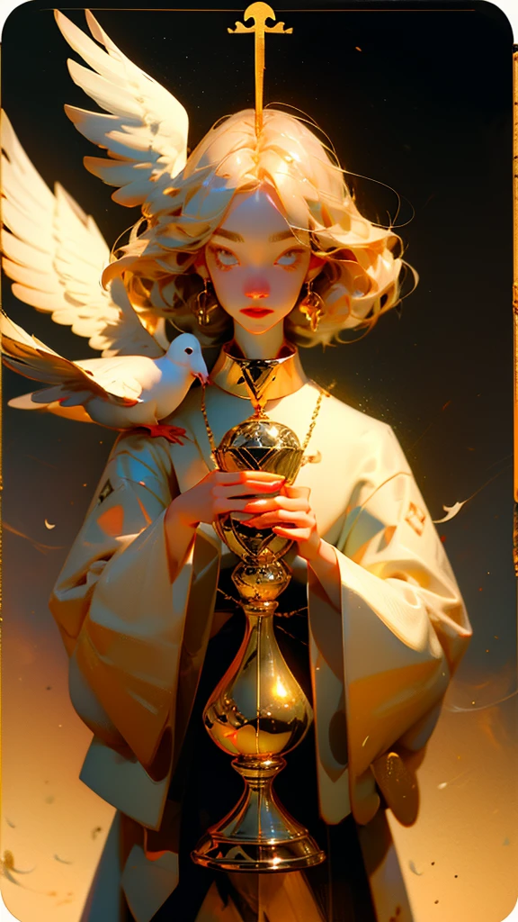 Anime style tarot card, 1 of Cups, young woman, beautiful face, holding the golden holy grail, white dove. 