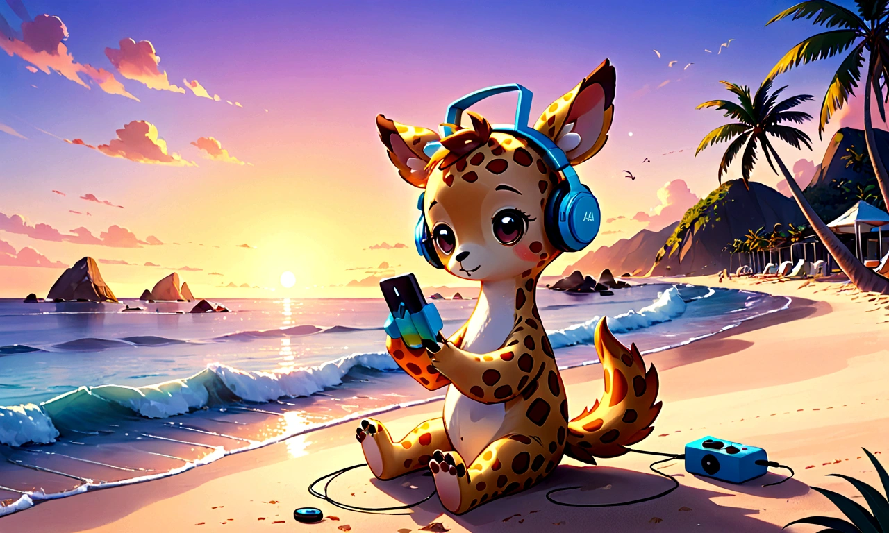araffe With headphones on sitting on the beach at sunset, cute digital art, cute artwork, cute detailed digital art, Adorable digital painting, cute! C4D, With headphones, With headphones, cute 3 d render, listen to music, Dance to the music, Relaxing on the beach, cute creature, In the sunset