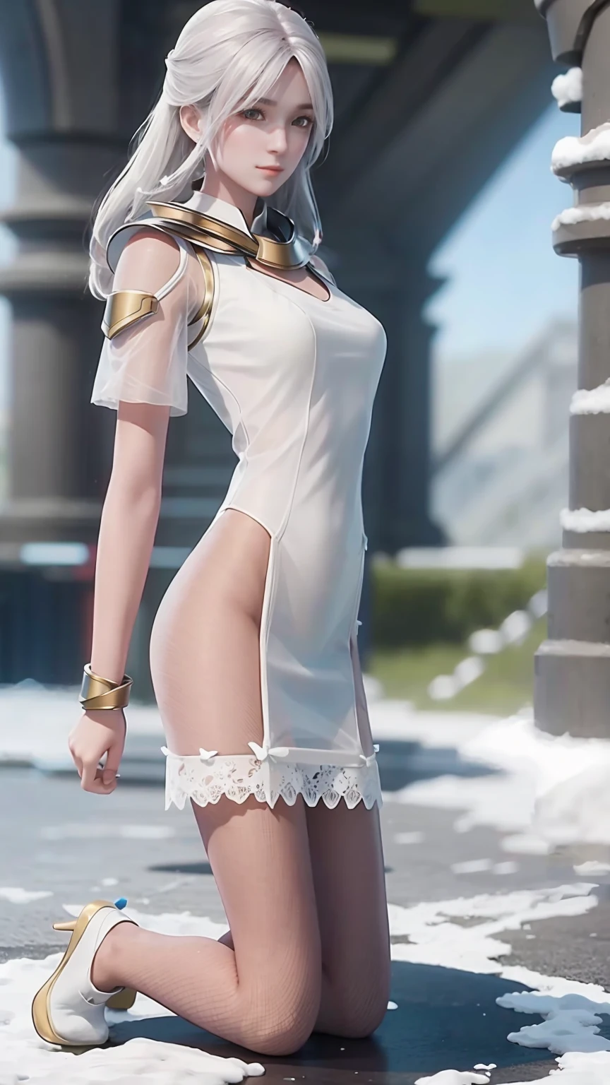 (((masterpiece))),((Top quality)),A beautiful Japanese girl,pale, (Snow personification character: 1.5), (Snowflakes 1.5)、(((All white:1.5)))、(belly button)、(Pure white lace see-through dress:1.5),(plainclothes), (Skin exposure),(Background is snow 1.5).(((From the front:1.5)))、(Straight: 1.5)、(((kneel:1.5)))