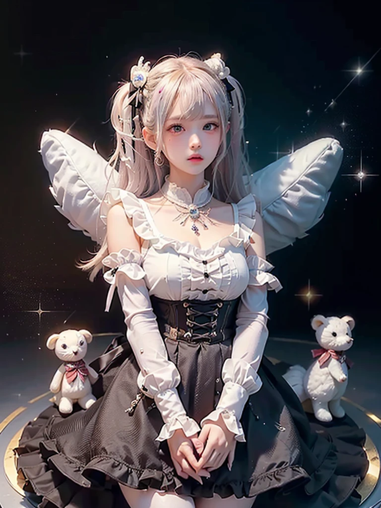 ((Highest quality)),(Ultra-high resolution),(Very detailed),(Detailed Description),((The best CG)),(masterpiece),Very detailedなアート、Small breasts 1.2、Whitening 1.5、(((1.5)))、Ribbon hair ornament、Twin tail hair、Glitter Necklace、Ultimate Beauty 1.5、(((Surrounded by countless stuffed animals 1.5)))、