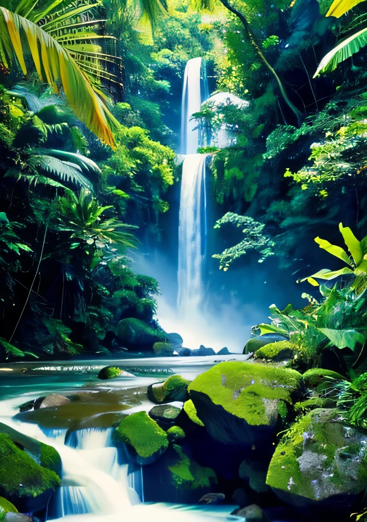 Paint a picture of a magnificent waterfall nestled amidst a lush, tropical paradise, where the rushing waters and verdant vegetation create a symphony of life and beauty. Keywords: Magnificent, Rushing, Tropical, Paradise, Symphony. Camera: DSLR, Lens: Telephoto, Time: Midday, Style: Landscape, Film: Color