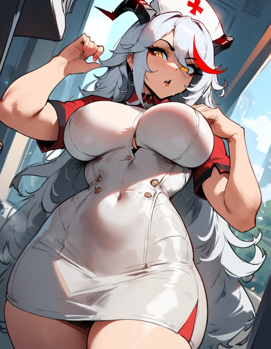 1girl, aegir \(azur lane\), azur lane \\\\\ masterpiece, best quality, very aesthetic, absurdres, newest \\\\\\ sportive body, perfect breasts \\\\\\ by nyantcha,,by cutesexyrobutts,by khyle ///// silvery white hair with a single prominent red streak, black horns, yellow eyes, , hospital background, japanese nurse outfit, skirt, standing, pencil skirt, nurse cap