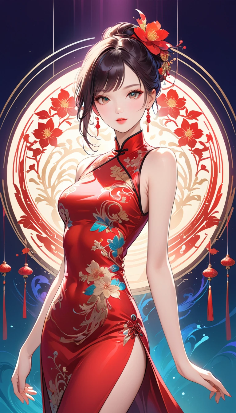 Chinese cheongsam sexy,illustration,High-end fashion,Beautiful and delicate eyes,Beautiful and delicate lips,Long eyelashes,Exquisite makeup,Vibrant colors,posture,Attractive background,Stylized Lighting,editing style,Chinese cultural elements,Exquisite embroidery,Detailed pattern,Modern transformation,Feminine charm,complicated,Futuristic,Chic hairstyle,Beautiful accessories,Tempting,Wearing stylish high heels,Luxurious fabrics,Beautiful movements,Confident expression,Ethereal atmosphere,Colorful composition,Impeccable attention to detail,Modern elegance,Expressive eyes,Dramatic Lighting,Seamless Integration,Artistic talent,Rich texture,Perfect fashion sense,Colored lights,Sentimental atmosphere,A bold fashion statement,Stylish composition