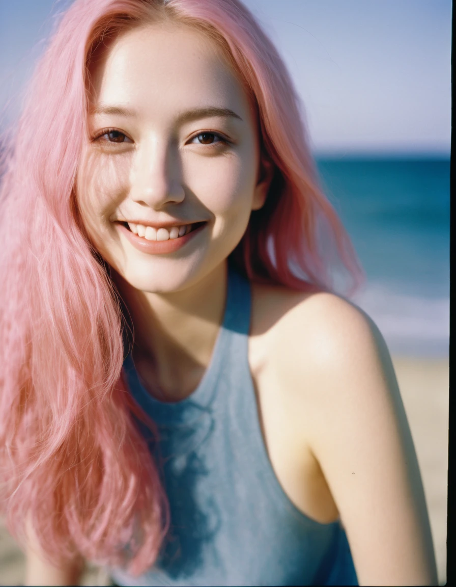 (highest quality, 8k, High resolution, masterpiece:1.5, ), beautiful japanese high school girl, god秘的, big magic eyes, gentle smile, ((shiny millennial pink hair)), long hair swaying in the wind, asymmetrical bangs, smooth and soft skin, pale pink lips, ((small colorful bikini, flowing short pleated skirt, )), High resolutionの完璧な鎖骨, High resolutionの美しい胸元, Slender body with plump breasts, High resolutionの美しい太もも, leaning forward, Beach with a view of the horizon, blue sky, strong sunlight, White cloud, white sand beach, royal blue transparent sea, stand on the beach, (Glittering water droplets float in the air:1.5), professional lighting, professional photographer, professional model, god々beautiful beauty