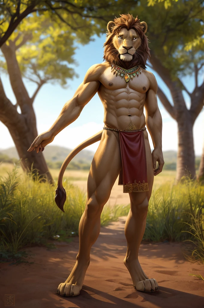 There is one adult character on this picture. The character is an adult anthropomorphic male lion, anthropomorphic lion character, slender character, barefoot, digitigrade, paws, lion tail, the character is topless, bare chest male, bare chested male, brown nipples, brown areolas, the character is wearing only a red loincloth with a few tribal jewels. The character is standing straight. Savannah on the background. Blurred background. Focus only on the character. Frontview. Camera frontview. fullbody. full body.