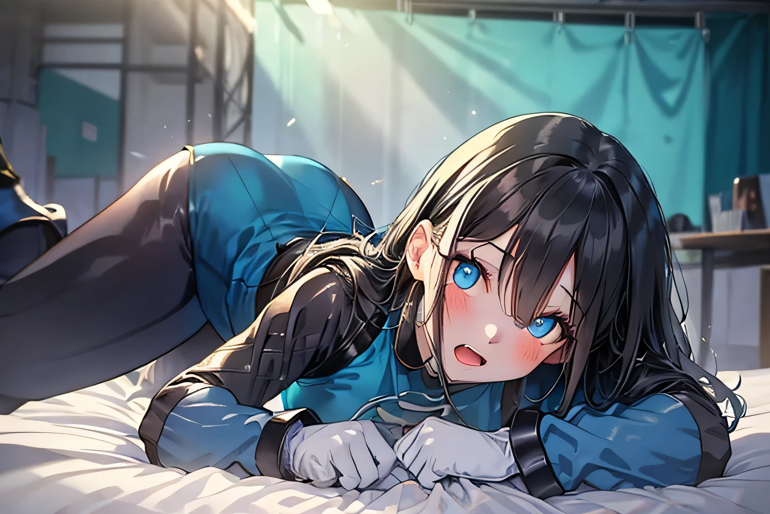best quality,Lying on your back in bed,bandy,Let me see your boots,Over the knee boots,Tightsチラ見せ,Gloves,elegant, 1 girl, Tights,Tights,Lovely, Blushed, Looking at the audience, From below, prison,blue eyes, beautiful eyes, Beautiful background, Light Particles, Sunlight, Dramatic Lighting, external, shining, Practical, On the table, best quality, Very detailed, get used to it, landscape, Exquisite and detailed, Thinning hair,full-body shot,Facing the audience,Blushing cheeks,Open mouth