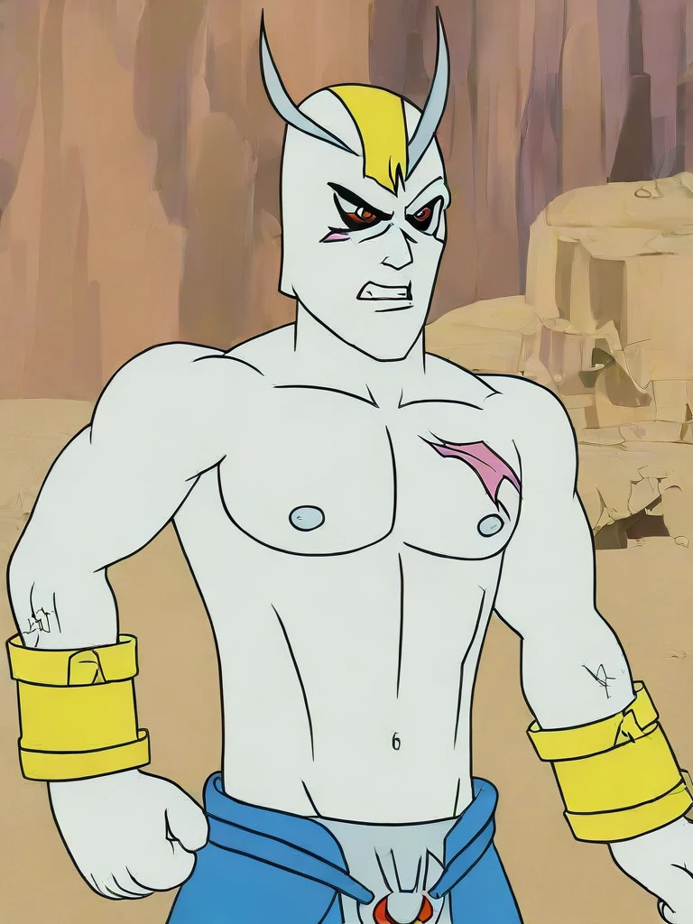 solo,angry Magnamon,tall, blue and white skin,(battle damaged:1.5),(topless Magnamon:2),(armor fragments:1.5),(shirtless:1.5), fighting_stance, in desert ,full_shot