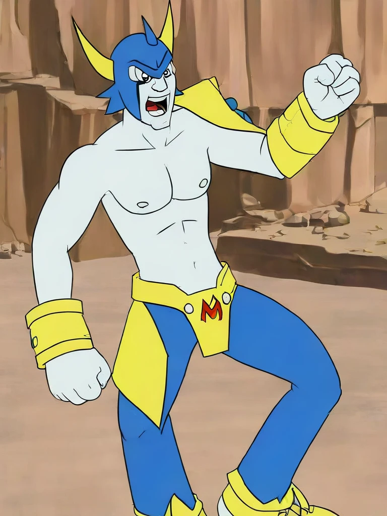 solo,angry Magnamon,tall, blue and white skin,(battle damaged:1.5),(topless Magnamon:2),(armor fragments:1.5),(shirtless:1.5), fighting_stance, in desert ,full_shot