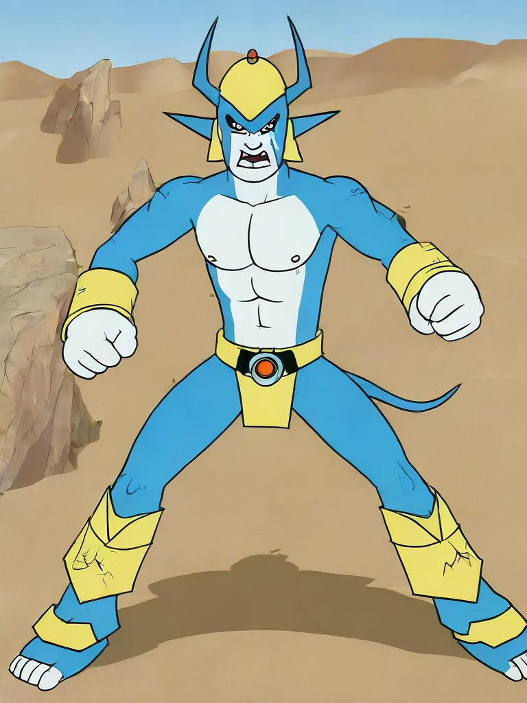 solo,angry Magnamon,tall, blue and white skin,(battle damaged:1.5),(topless Magnamon:2),(armor fragments:1.5),(shirtless:1.5), fighting_stance, in desert ,full_shot
