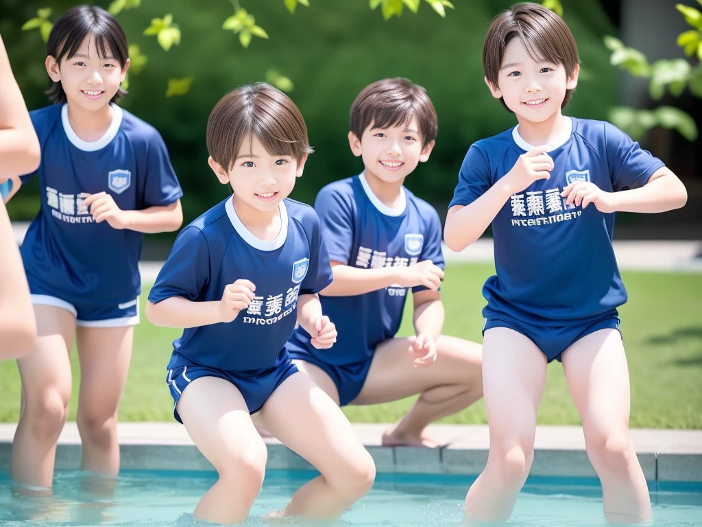 hot summer、、Summer swimming pool、Fun every day、Get wet all over、Japan Boy、Glowing water splashes、Pool lessons、Boy playing in water、The happy boys、Strong sunlight、Short sleeve gym uniform、Blue shorts、barefoot，Boys only 、１０age、high resolution、masterpiece