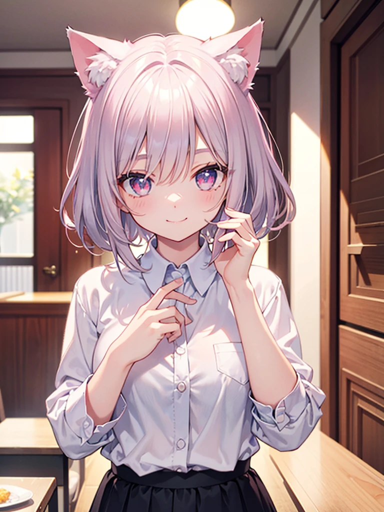 Highly detailed face,fine grain,Sparkling eyes,Highlighted eyes,Medium chest,pretty girl,smile,Cat ear,Beautiful silver hair,Pink inside,Beautiful pink eyes,Oversized shirt,skirt, eat,big rice ball