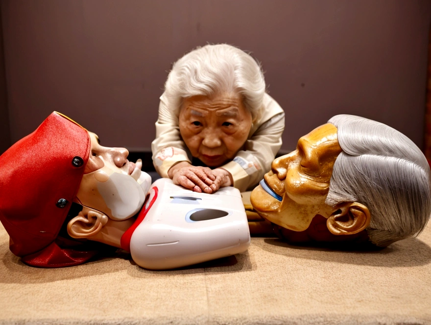 A group of elderly Chinese people doing CPR on a dummy in an empty room
