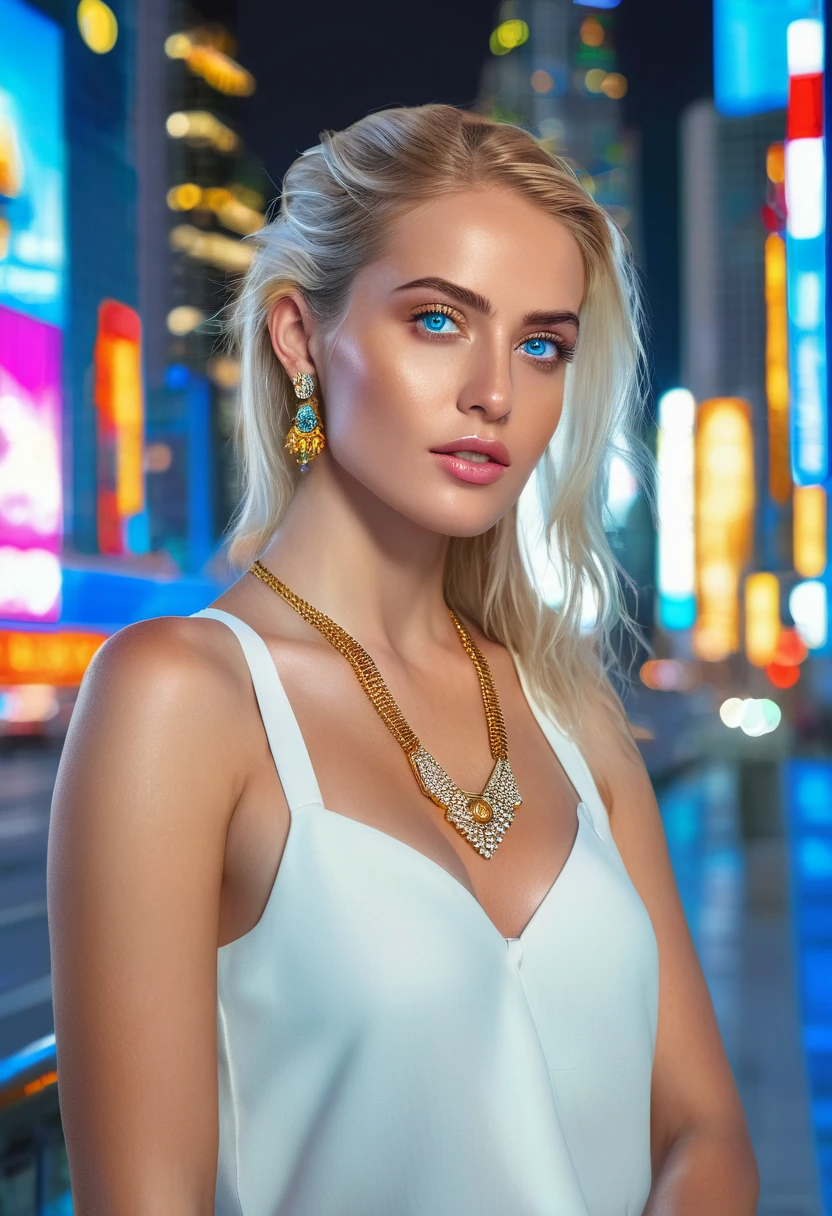a stunning spanish woman with golden hair and piercing blue eyes, wearing fashionable clothing and jewelry, standing in front of a luxurious cityscape with skyscrapers and neon billboards, (best quality,4k,8k,highres,masterpiece:1.2),ultra-detailed,(realistic,photorealistic,photo-realistic:1.37),portrait,photography,cinematic lighting,detailed environment,vivid colors,fashion,luxury,cityscape