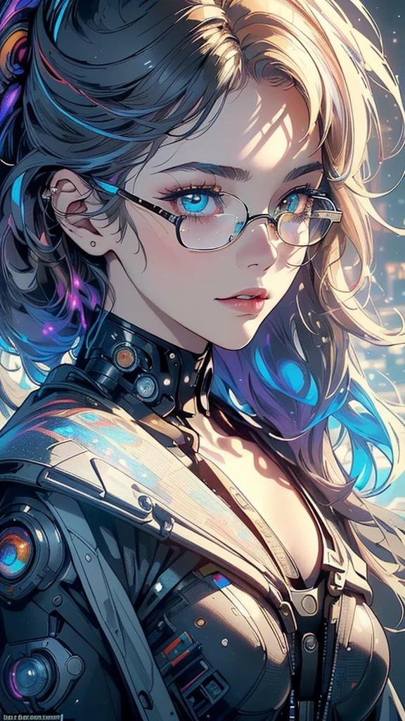 (((masterpiece, highest quality))),(((solo:1.2))),(((1girl:1.2))),32k wallpaper, very detailed,(((((portfolio))))),(((((Close-up))))),(((((bust up))))),((((more various angle)))),(((highlight))),((((heterochromia)))),(((complete. detailed face))),((((Extremely talented)))),((((Wonderfully detailed complicated machine)))),((((genius mechanic)))),((Overall colorfully)),(((futuristic galaxy))),(((perfect clear skinn))),Cleavage,glasses