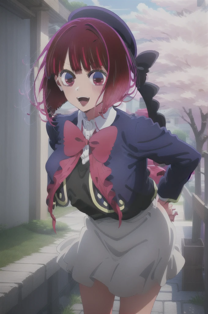 masterpiece, best quality, highres, looking at viewer, aakana, aakana, short hair, beret, red eyes, blue headwear, red bowtie, collared shirt, blue jacket, open jacket, long sleeves, grey skirt, smile, open mouth, standing, leaning forward, arms behind back, outdoors, cherry blossoms,