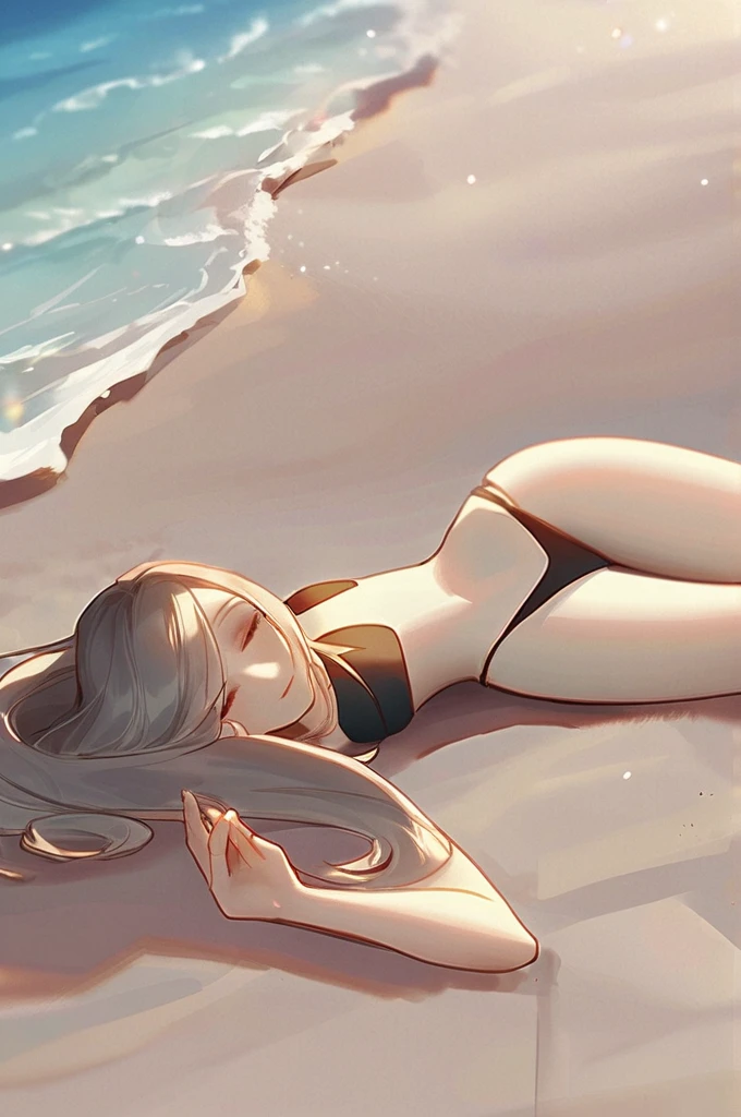 ((Лучшее качество)), ((шедевр)), (подробный), girl, beach, lying on her stomach, black micro bikini,