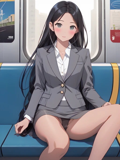 Full body portrait、Realistic、Gray ladies office suit、slender、Skinny、Thin legs、Black straight long hair ,Tuck hair behind ears、Black pumps、{{{Beige pantyhose}}}、blush、sitting in a train seat, front、Lace panties, Grey tight mini skirt, masterpiece, Highest quality、Daytime、