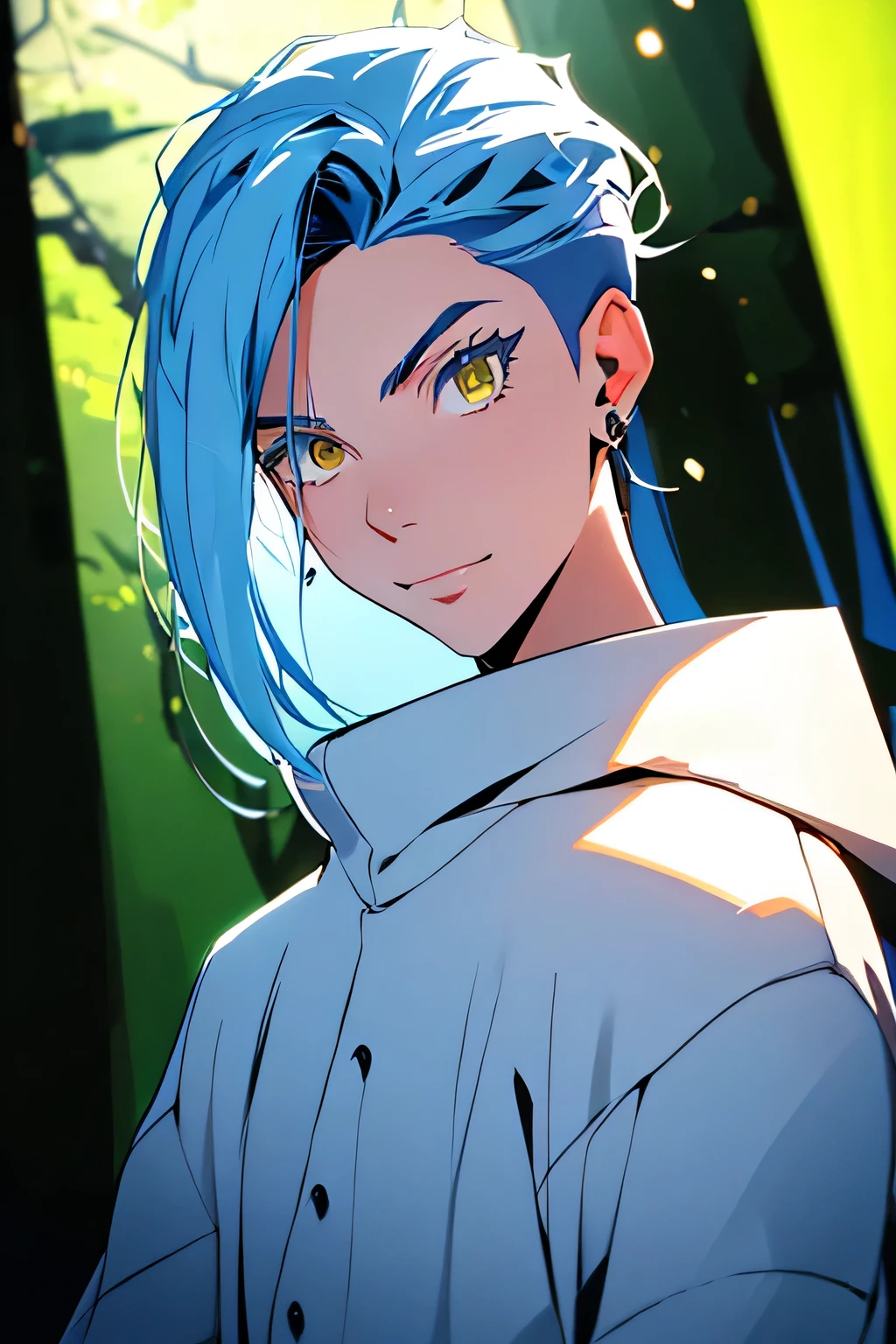 2d illustration, anime, a painting portrait in fine arts, in manhwa style, Rimuru Tempest, 1boy, blue hair, short hair, glowing yellow eyes, beautiful, high definition, masterpiece, best quality, high detail, high detailed eyes, grain filter, {{confident smile}}, Detailed lips, high resolution, ultra-detalhado, retrato, slim physique, realista proportions, Anatomicamente preciso, sorriso sutil, bochechas rosadas; intimate distance, dark lighting, {{blue lips}}, olhando_no_visualizador, inclinando para a camera, alta qualidade, premiado, high resolution, 8k