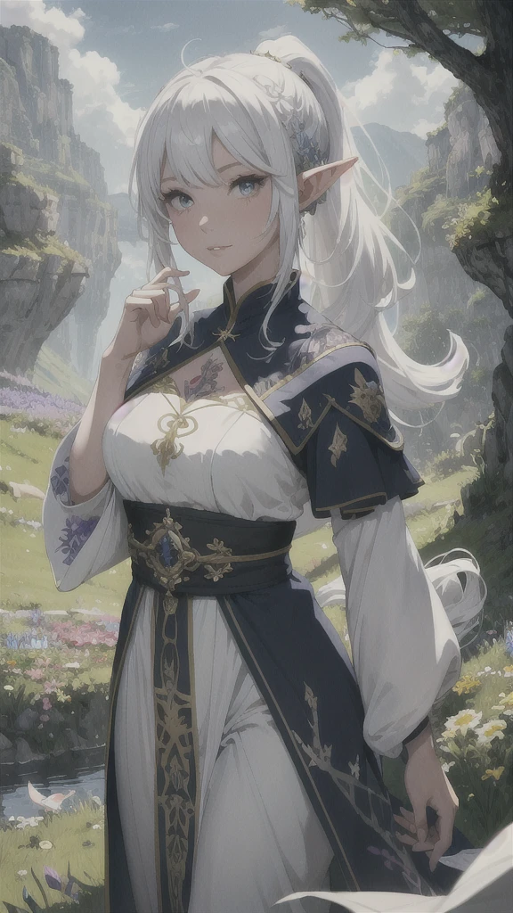 Highest quality、8K、masterpiece、A hill covered in flowers、Beautiful elven girl dancing(Wizard Robe、Tattoo:5、White Hair、Long ponytail)、There are three friends around