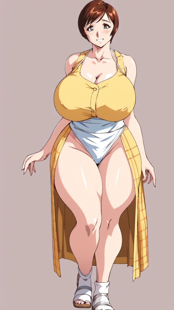 masterpiece, highest quality, High resolution, One girl, alone, sexual intercourse, Pornographic images, short hair, etsukoto, Brown eyes, fine grain, fine grain, (((Thick thighs, Plump thighs, Voluptuous thighs, Thighs alone are enough))), Huge and ample breasts, Cleavage, Huge long breasts, Naughty big,((Big breasts are important))、((Naughty thighs)), L Cup, (thin:1.4),(Tight waist:1.4), (Yellow Dress:1.4), ((white waist apron)), White panties, A kind smile, blush, (((Simple Background))), ((Wide Hips)), Shiny, Oily skin, Mature mother, Calf, Seductive mature woman, Perfect body, Plus Size Model, curvy, ample, etsukoto, blush, clavicle, retro artstyle, 1990s (style), (thick thighs:1.4), (((bursting thigh))), full body, feet,