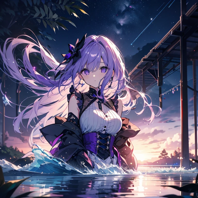 1 girl、Mature、Ample breasts、Purple Hair、Long Hair、Sharp Eyes、midnight、Floating on the lake、Lying on your back、Hair spreading on the water surface、Close ~ eyes、Put your hands together in front of your chest、moonlight shines in、Maid clothes、Sparkling water surface、Star dust、Mysterious Forest、High resolution、Highest quality