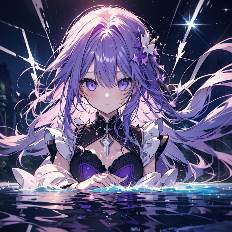 1 girl、Mature、Ample breasts、Purple Hair、Long Hair、Sharp Eyes、midnight、Floating on the lake、Lying on your back、Hair spreading on the water surface、Close ~ eyes、Put your hands together in front of your chest、moonlight shines in、Maid clothes、Sparkling water surface、Star dust、Mysterious Forest、High resolution、Highest quality