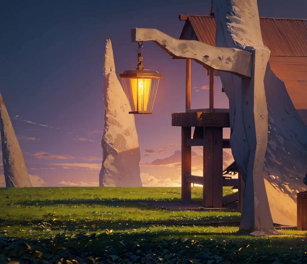 fantasy world, dirt ground, street lamp with pole made of wood, wooden stilt house, giant animal bones tower, early morning, dawn time,