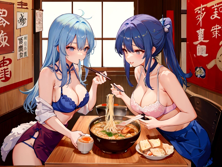 A cute student in underwear and an older teacher eat Chinese food together、Big boobs and small 、A thin cute blue bra、Thin cute blue underwear、Large serving of salt ramen, fried rice and gyoza set meal、Beer in a mug、
