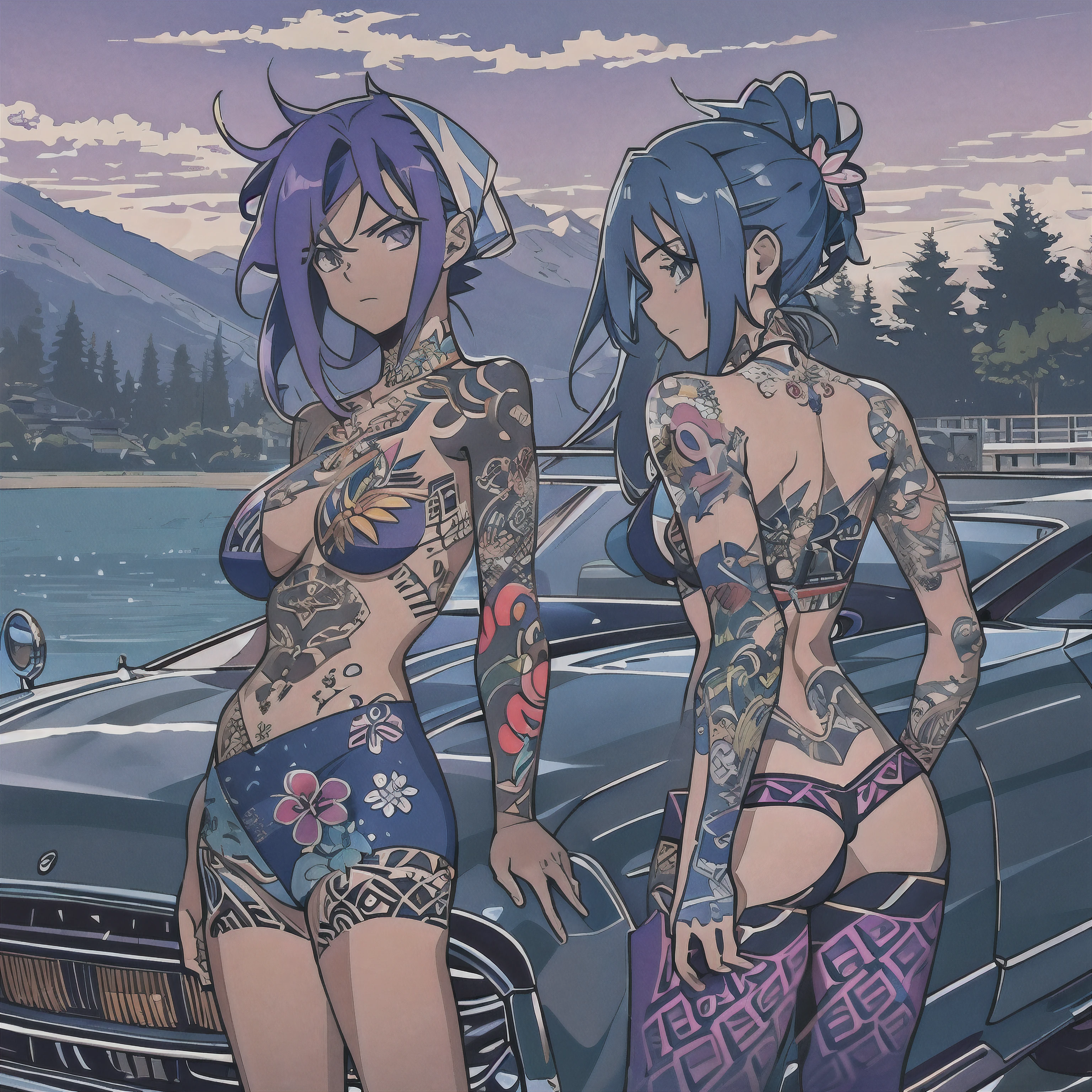 2 anime girls, topless, wearing blue panties, tattoos their chest, tattoos on their arms, standing next to a purple lowrider car, by the lake, 8k, full frame