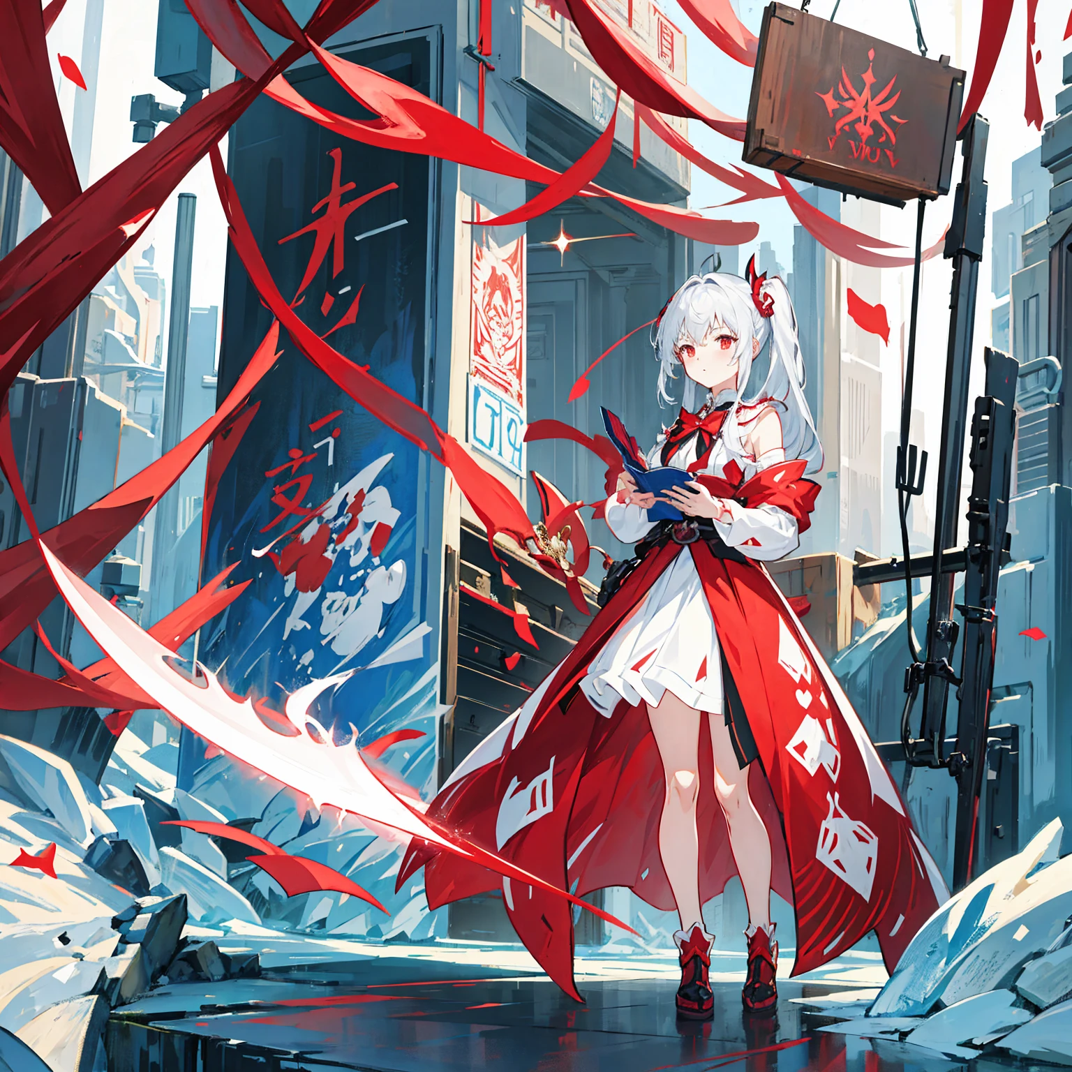 Wearing a red and white dress、anime girl holding sword, Highly detailed official artwork, Epic Light Novel Cover Art, epic Light novel cover art, Silver and red armor, guweiz on pixiv artstation, Anime style 4K, Detailed key animation art, Light novel cover art, Anime Fantasy Artwork，White hair and red eyes，Side Ponytail，Waist-length hair，1 Girl，Portraiture，Reading