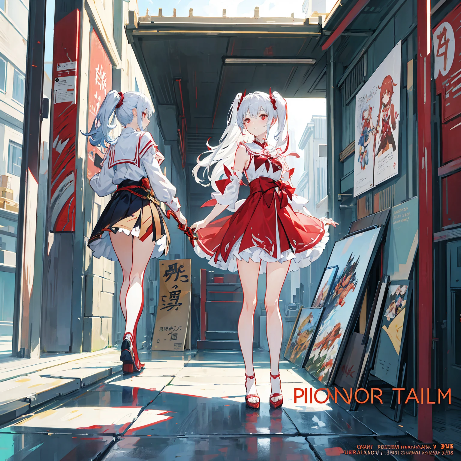 Wearing a red and white dress、anime girl holding sword, Highly detailed official artwork, Epic Light Novel Cover Art, epic Light novel cover art, Silver and red armor, guweiz on pixiv artstation, Anime style 4K, Detailed key animation art, Light novel cover art, Anime Fantasy Artwork，White hair and red eyes，Side Ponytail，Waist-length hair，1 Girl，Portraiture，Reading