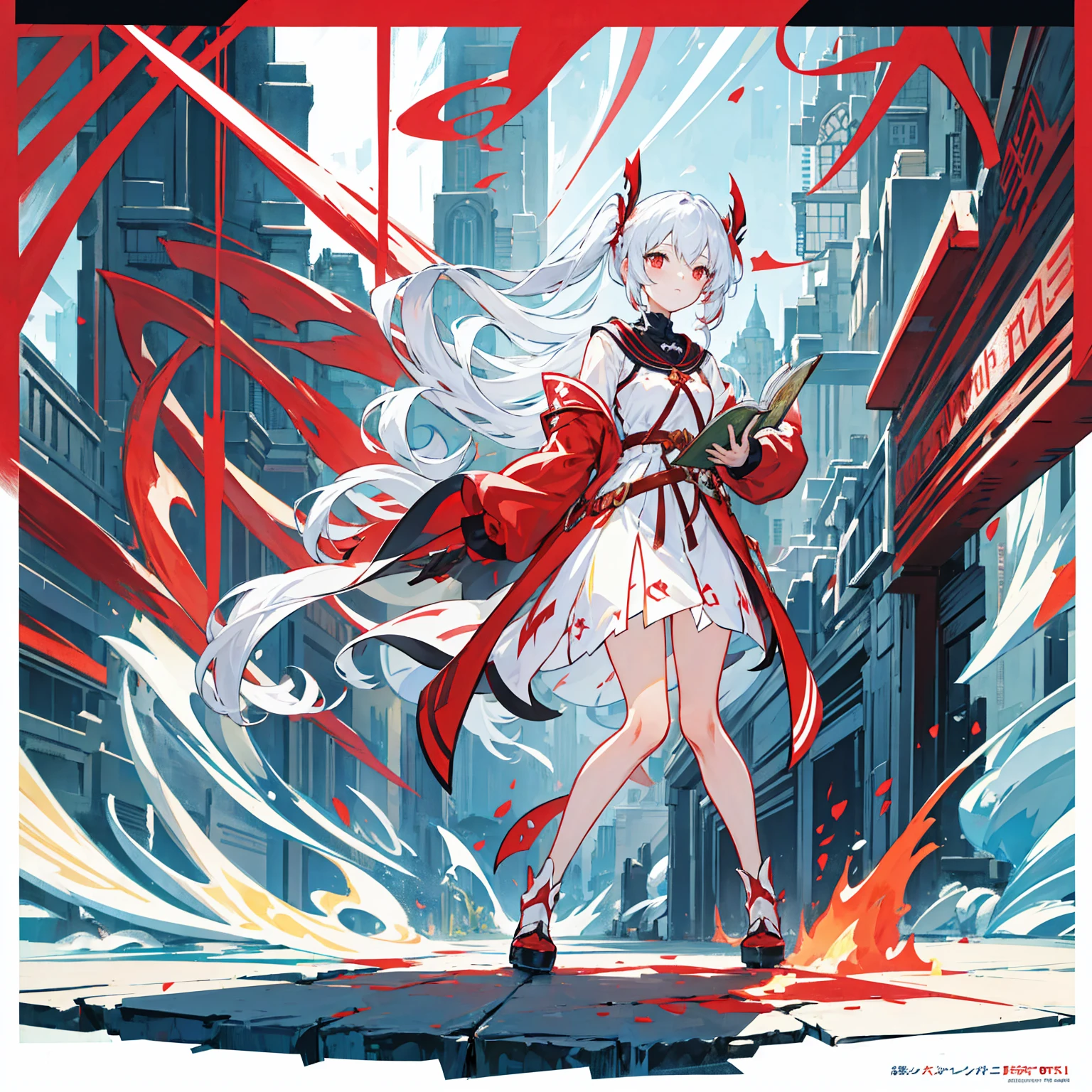 Wearing a red and white dress、anime girl holding sword, Highly detailed official artwork, Epic Light Novel Cover Art, epic Light novel cover art, Silver and red armor, guweiz on pixiv artstation, Anime style 4K, Detailed key animation art, Light novel cover art, Anime Fantasy Artwork,White hair and red eyes,Side Ponytail,Waist-length hair,1 Girl,Portraiture,Reading