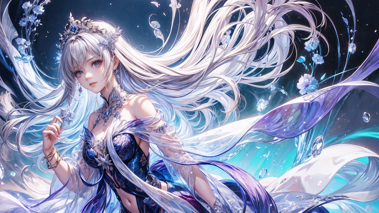 (Highest quality, 8K, CG), Beautiful and exquisite, Delicate face,purplish-silver hair,Wavy Hair, Gradient Hair, Long Hair,Wearing a circlet, Purple eyes, Almond Eye, Exquisite eye makeup, 長さ eyelashes fluttering, blue sky, Delicate lip detail, Soft and harmonious style),Exposed shoulders, bracelet,gem,Suspended particles,Dynamic pose,Holding a jewel,in the forest
