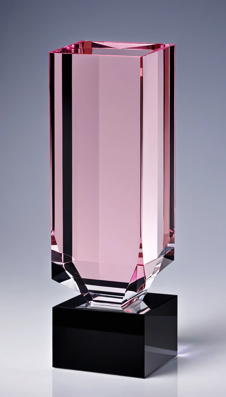 A cool trophy;Black crystal trophy,Pink crystal base;Front view。Simplicity,Integrally formed,cuboid(Proportion:7:16),Square column,cube。