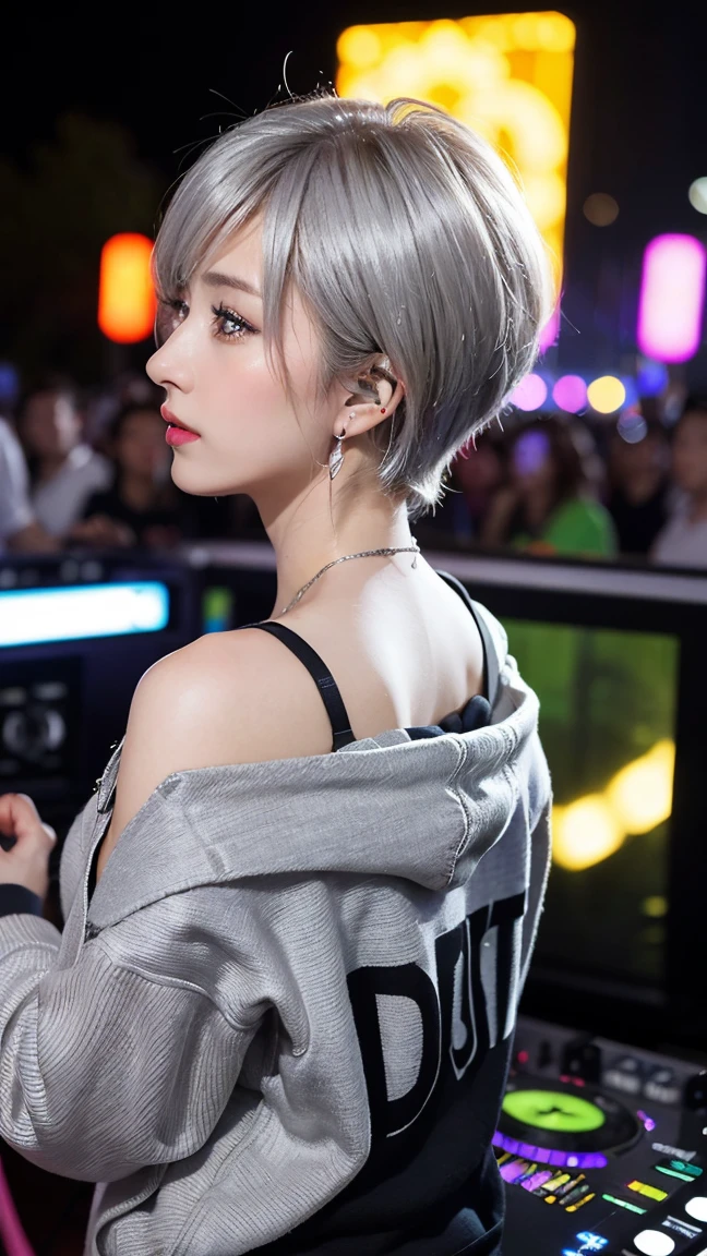 highest quality, Tabletop, 超A high resolution, (Realistic:1.4), (Japanese Idols),RAW Photos, One Girl, night,Detailed skin,nightclub,disco,(bionde:1.2), (silver inner hair:1.3),Glossy lips,28 years old,Beautiful and beautiful eyes,eye shadow,Diamond jewellery,Earrings,Gold Jewelry,(hoodies:1.3),,(Strengthening shoulders:1.2),A well-trained body,(Pixie Cut),Round face,(playing music as a dj:1.5),  (dj:1.2) playing at a vibrant (music festival:1.2) with (energetic crowd:1.1) and (colorful stage lights:1.1), (Back view:1.5 ),Back view,(Distant composition),(back of head:1.8),Composition from behind,